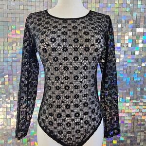 Black‎ Floral Lace Long Sleeve Bodysuit Sexy See Through Top